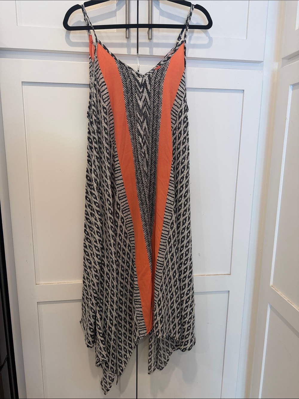 Women's Black, Orange & White Patterned Slip Dress with Orange Insets